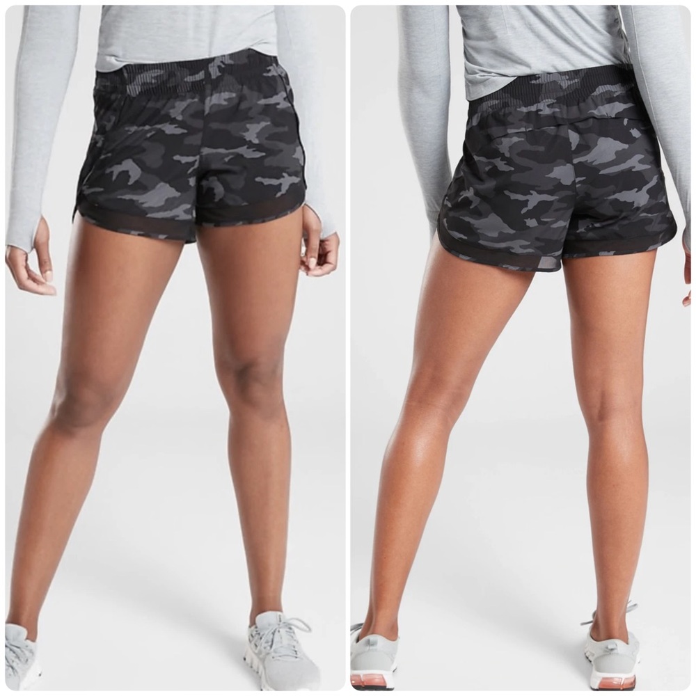 Athleta Camo Mesh Racer Run Lined Shorts